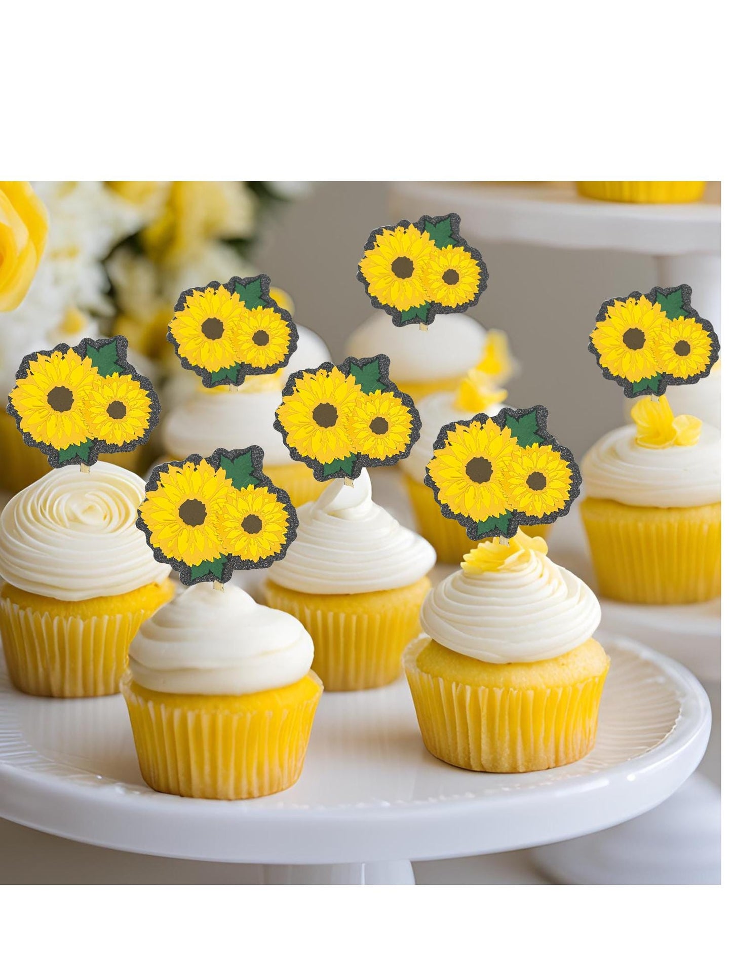 Sunflower themed Cupcake Toppers for Bright, Cheery, and Easy cupcake decorations - Spring birthday, Bridal Shower, or Special Dessert. .