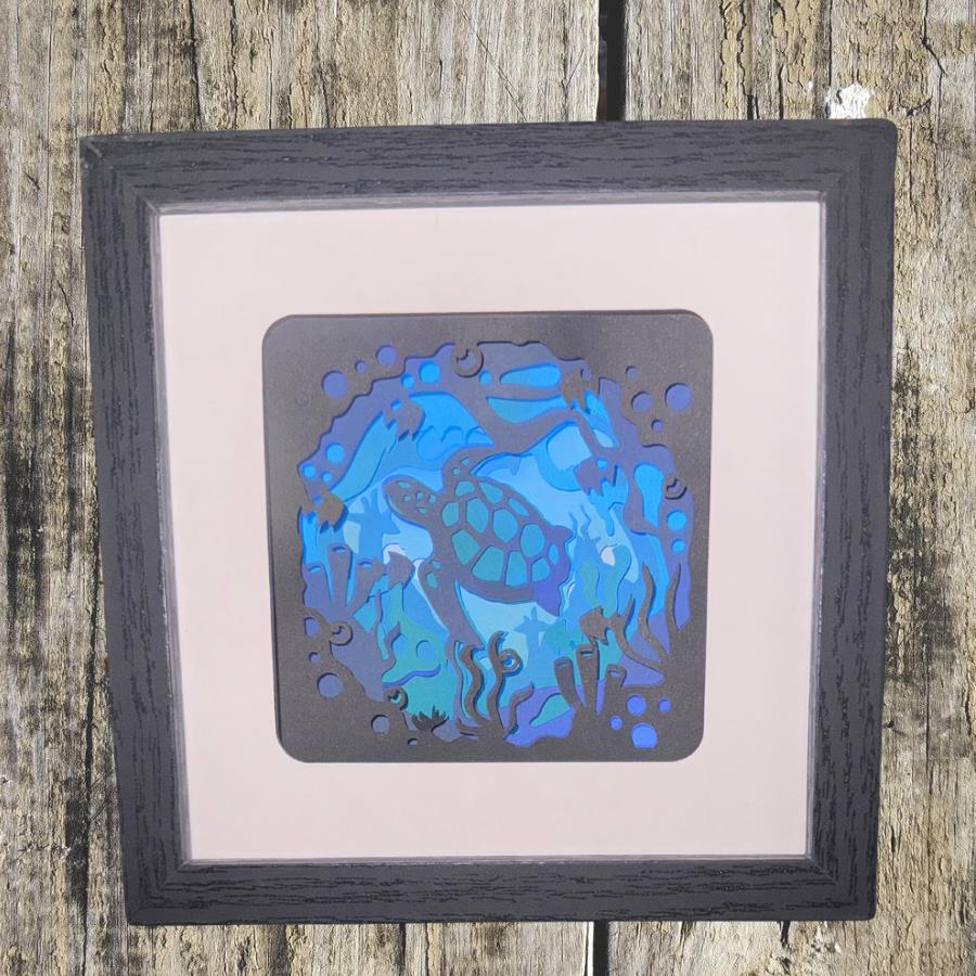 Under the Sea Layered Sea Turtle Shadow Box: Backlit Ocean Art, 5x5 Black Frame