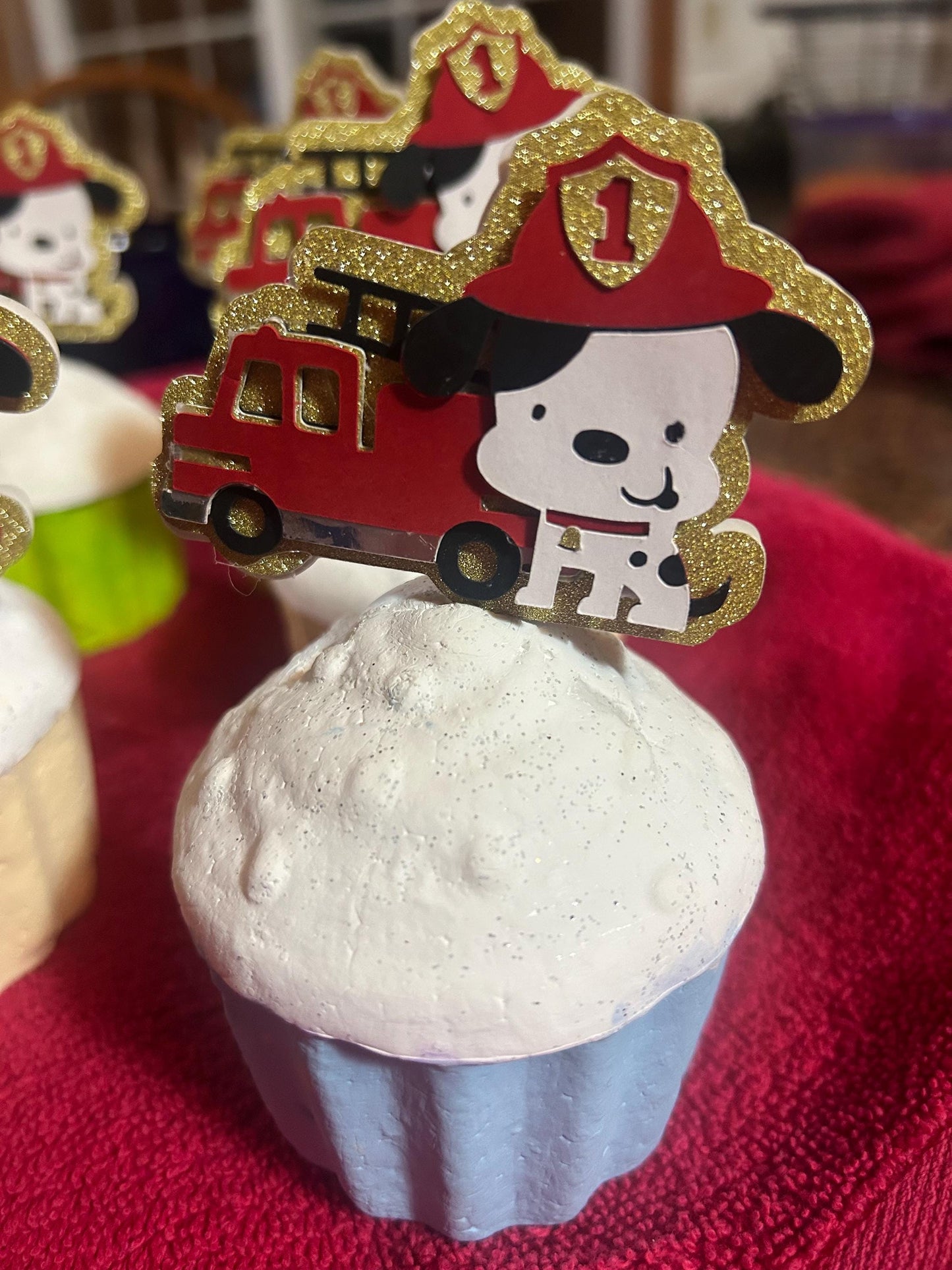 Fireman Themed Cupcake Toppers with Fire Truck and Dalmatians