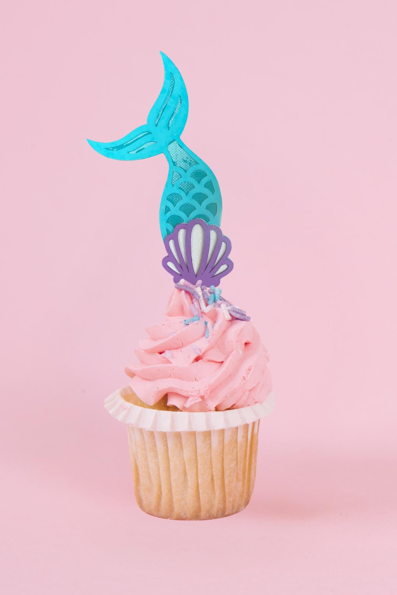 Mermaid Tail Cupcake Toppers: Layered Paper, Bamboo Fork - Ocean Party Decor