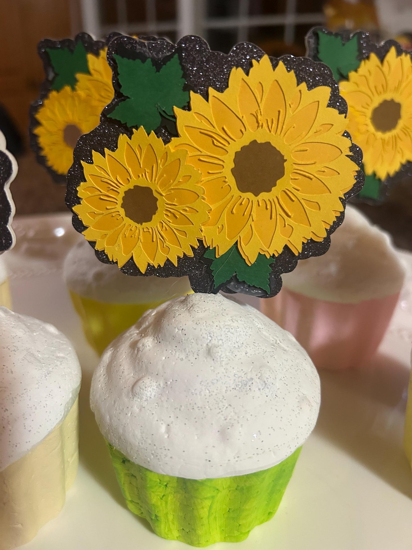 Sunflower Cupcake Toppers: Layered Paper, Bamboo Fork
