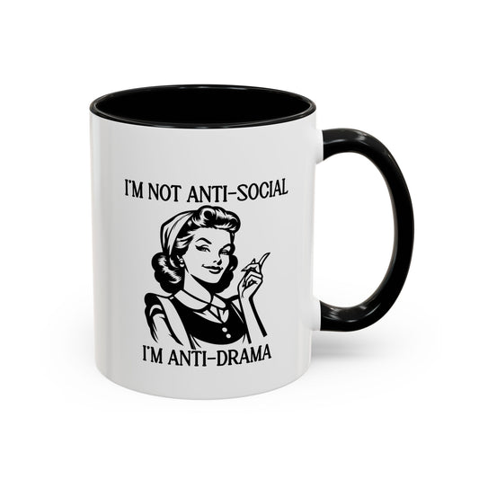 “I’m Not Anti-Social, I’m Anti-Drama” Retro Funny Mug – 11oz & 15oz Coffee Cup in Multiple Colors – Sassy Gift for Women, Sarcastic Friend Mug