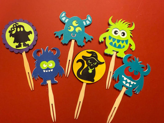 Halloween Cupcake Toppers: Monsters, Cats, Ghosts Hand-Layered Paper on Bamboo Pick for Easy Decorating