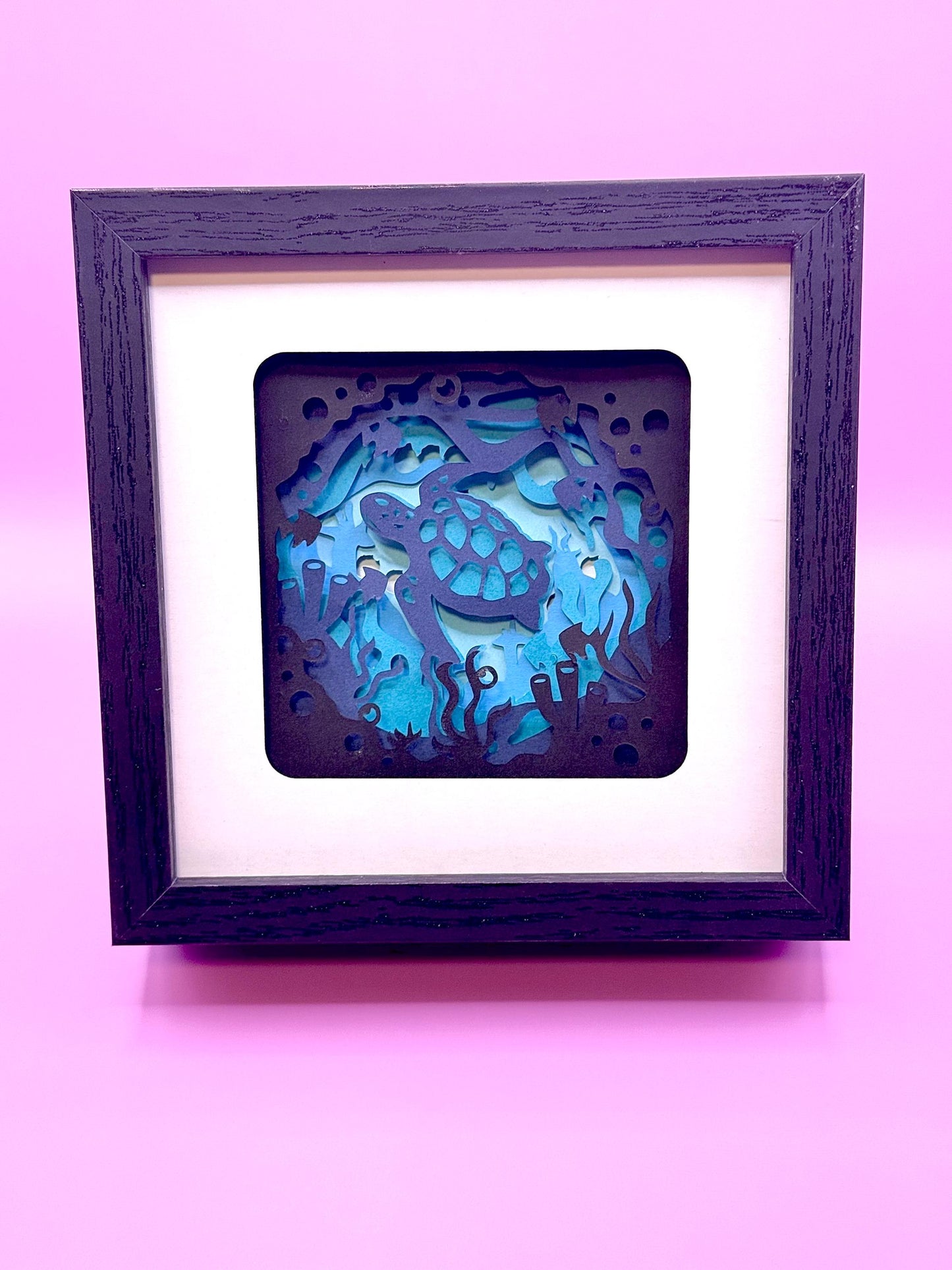 Under the Sea Layered Sea Turtle Shadow Box: Backlit Ocean Art, 5x5 Black Frame