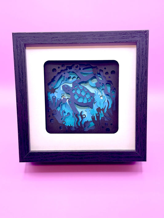 Under the Sea Layered Sea Turtle Shadow Box: Backlit Ocean Art, 5x5 Black Frame
