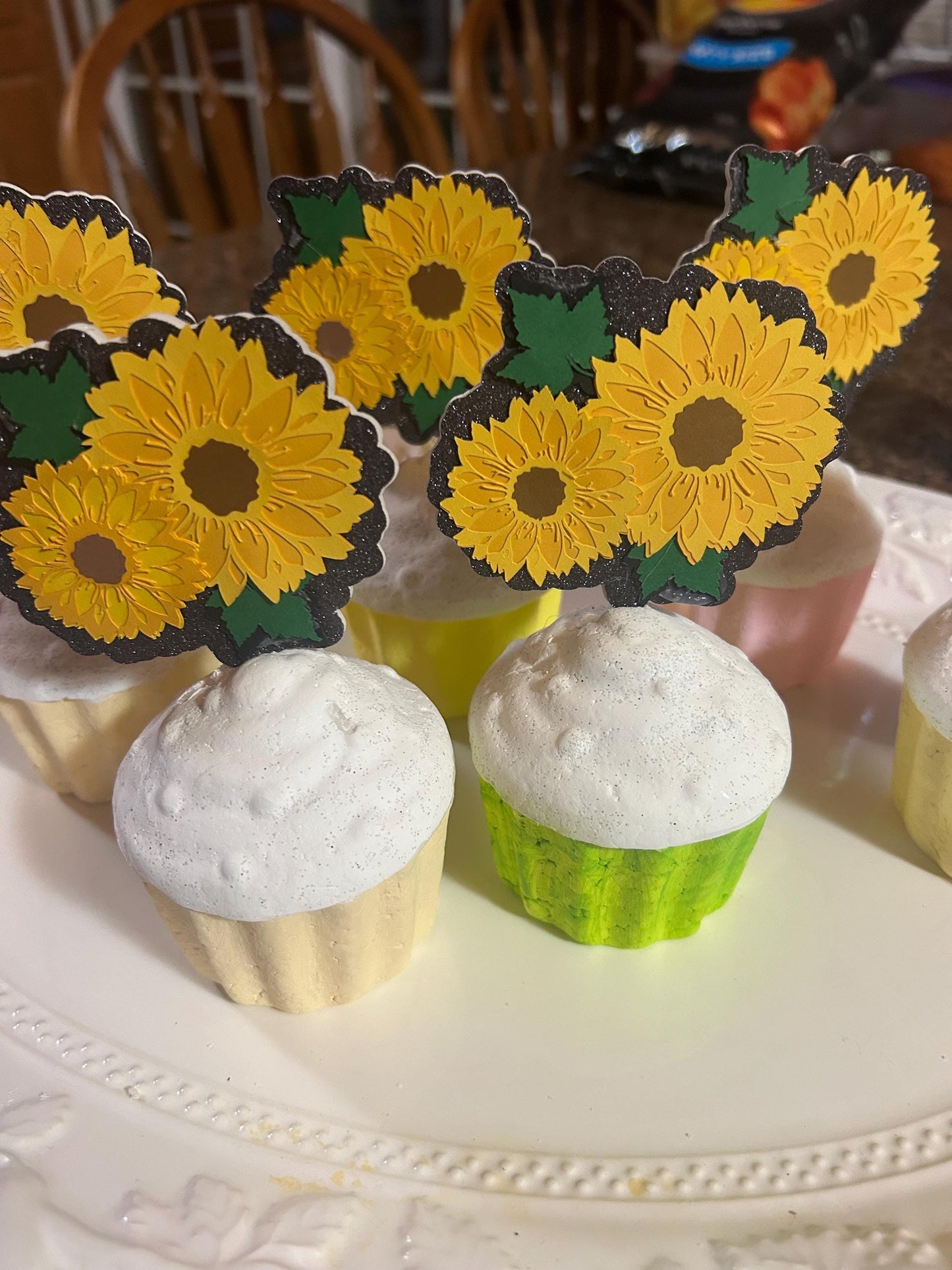 Sunflower Cupcake Toppers: Layered Paper, Bamboo Fork