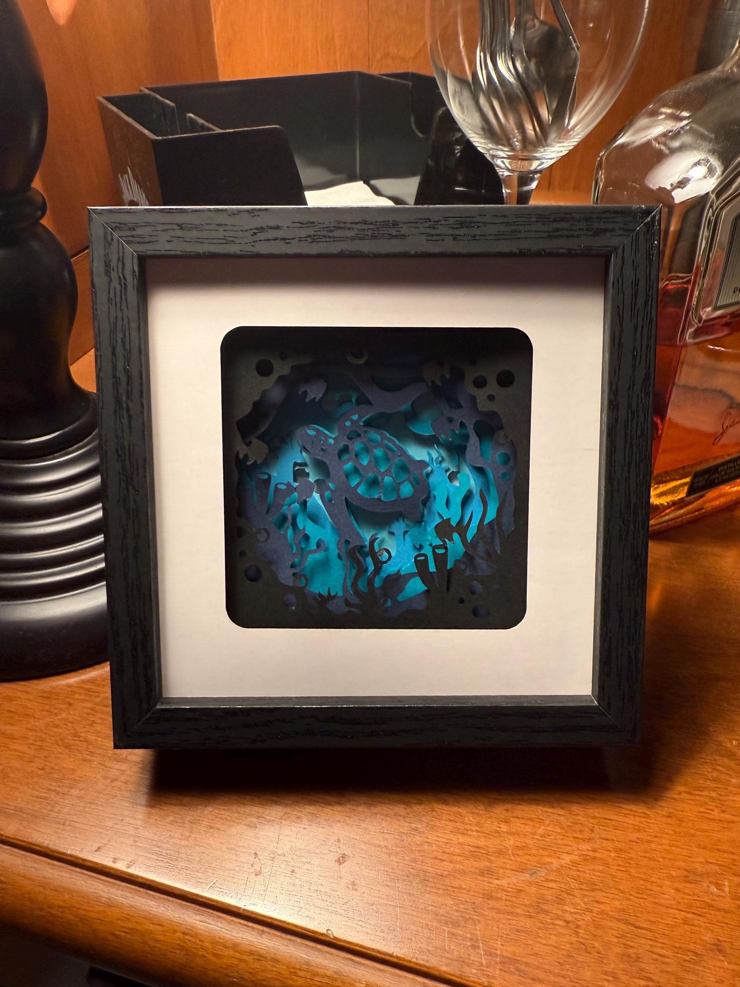 Under the Sea Layered Sea Turtle Shadow Box: Backlit Ocean Art, 5x5 Black Frame