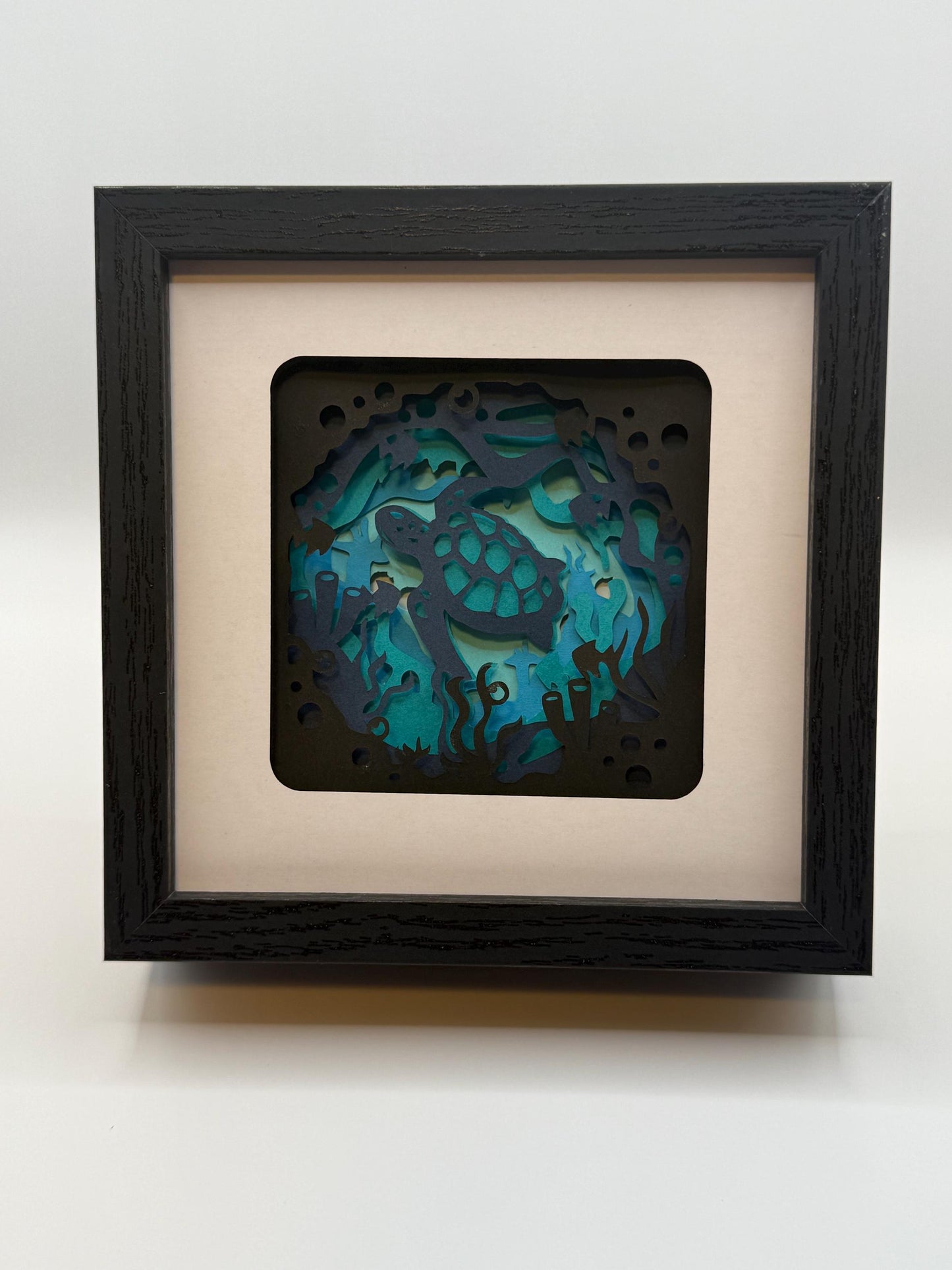 Under the Sea Layered Sea Turtle Shadow Box: Backlit Ocean Art, 5x5 Black Frame