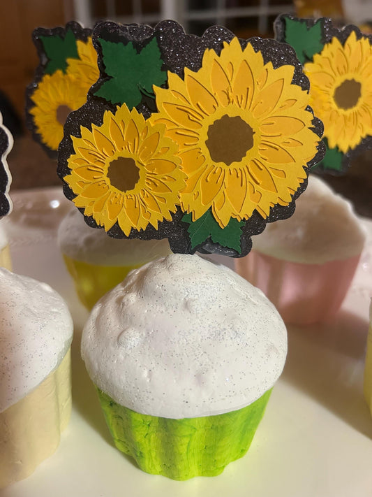 Sunflower Cupcake Toppers: Layered Paper, Bamboo Fork