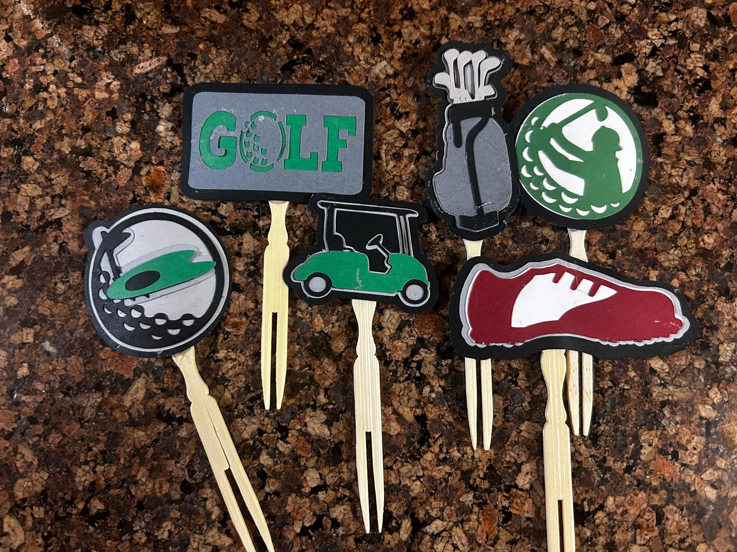 Golf-Themed Cupcake Toppers – Golf Cart, Ball, Bag & Shoes | Layered Paper with Bamboo Forks