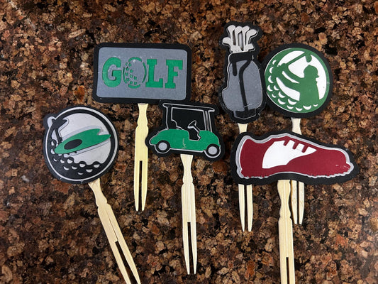 Golf-Themed Cupcake Toppers – Golf Cart, Ball, Bag & Shoes | Layered Paper with Bamboo Forks