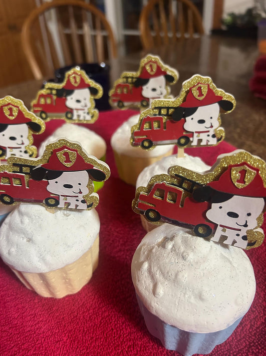 Fireman Themed Cupcake Toppers with Fire Truck and Dalmatians
