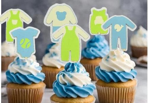 Baby Shower Cupcake Toppers - Gender Reveal - Baby Clothes & Bottle Theme, Layered Paper, Bamboo Fork Picks, Cute Party Decoration