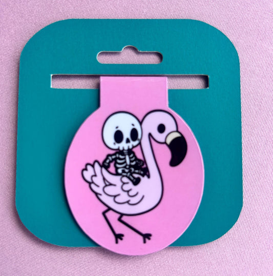 Skeleton Riding a Flamingo Magnetic Bookmark Gift for the Vacationer and Book Lover Read by the Pool