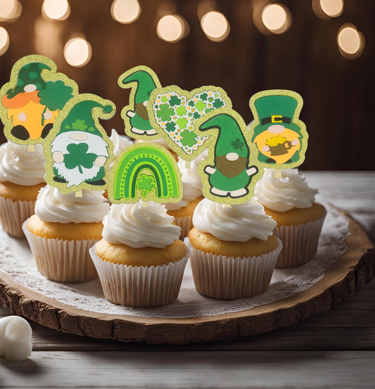 St. Patrick's Day Cupcake Toppers: Layered Paper, Bamboo Fork