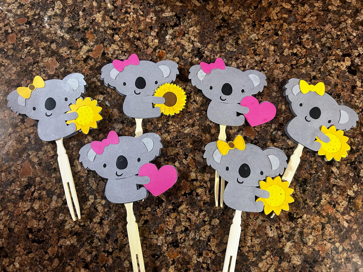 Adorable Koala Bear Cupcake Toppers – Layered Paper with Bamboo Forks - for birthday or any day celebrations!