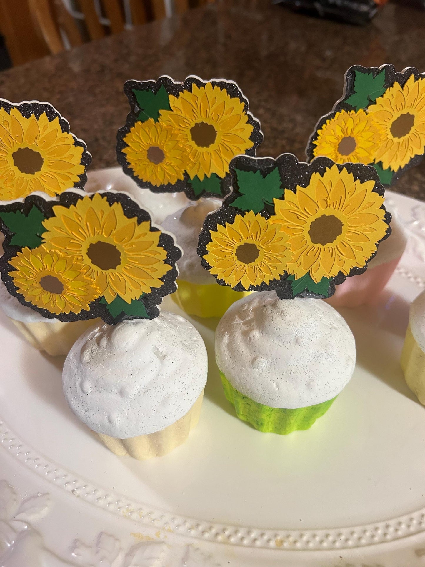 Sunflower Cupcake Toppers: Layered Paper, Bamboo Fork