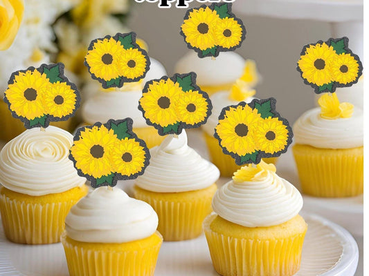 Sunflower themed Cupcake Toppers for Bright, Cheery, and Easy cupcake decorations - Spring birthday, Bridal Shower, or Special Dessert. .