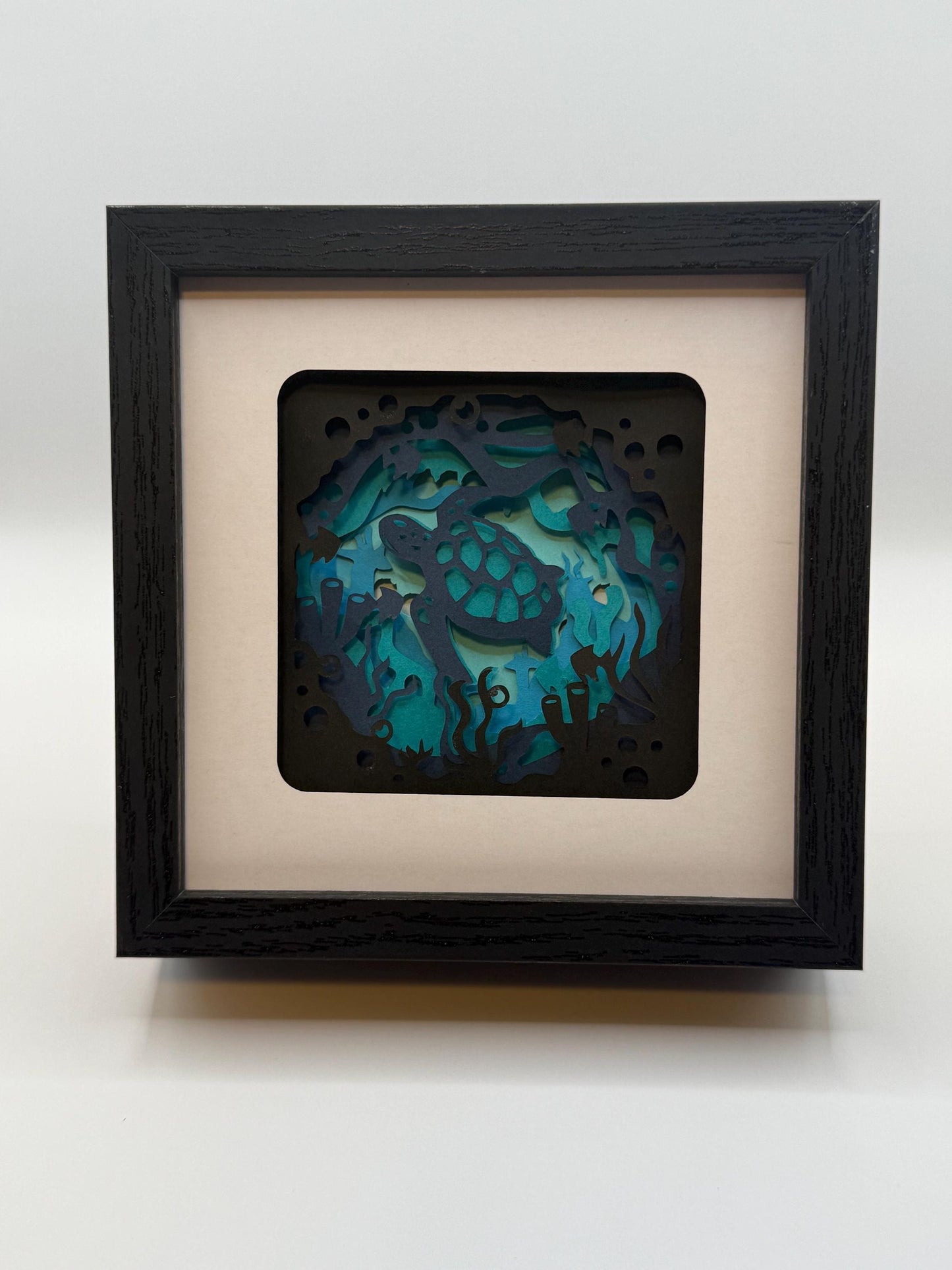 Under the Sea Layered Sea Turtle Shadow Box: Backlit Ocean Art, 5x5 Black Frame