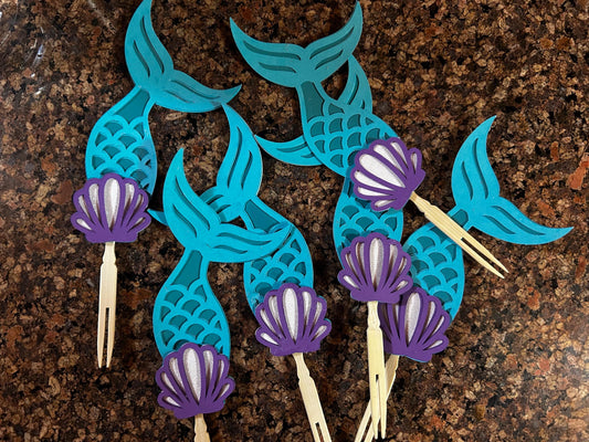 Mermaid Tail Cupcake Toppers with Bamboo Fork – Layered Paper Ocean Party Decor, Under the Sea Birthday, Baby Shower Topper